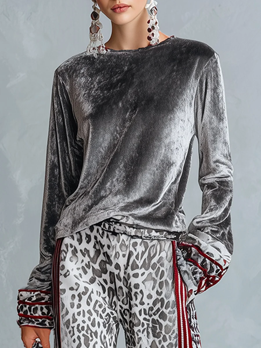 Silbernes Samt-Top & Leopardenmuster Weite Hose Set