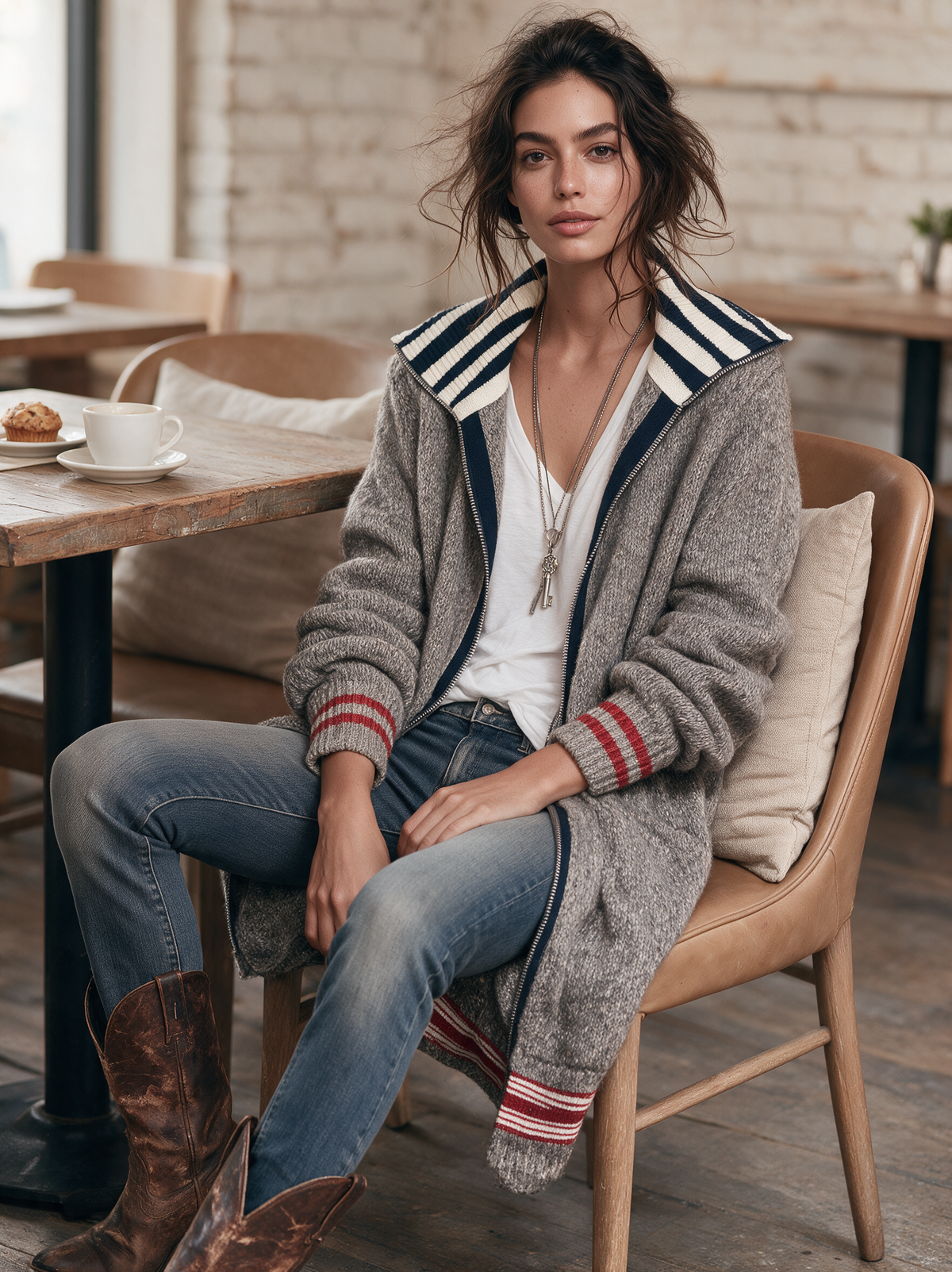 Damen Vintage Color-Block Gestreifte Zip-Up Cardigan Mittellang