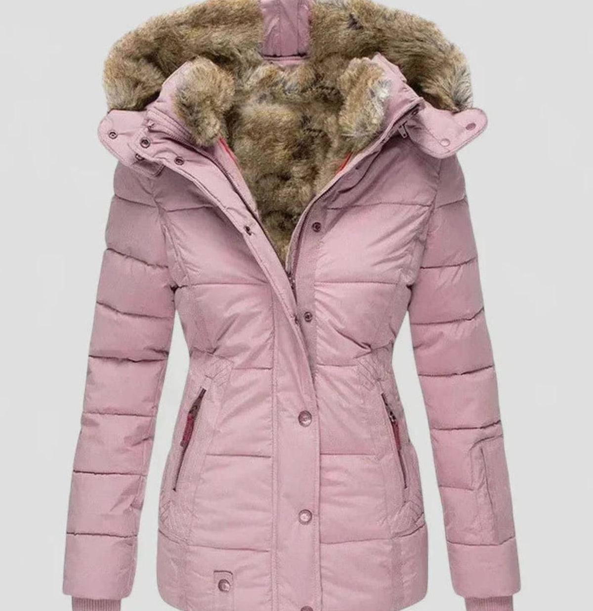 Damen Gefütterte Winterjacke mit Kunstfell-Kapuze und Taille