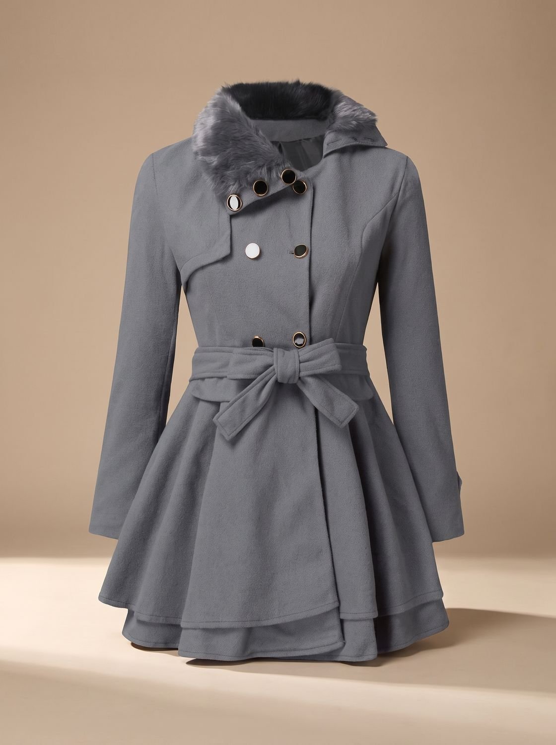 Damen Peacoat Vintage Kunstfell-Kragen Taillierter Wintermantel