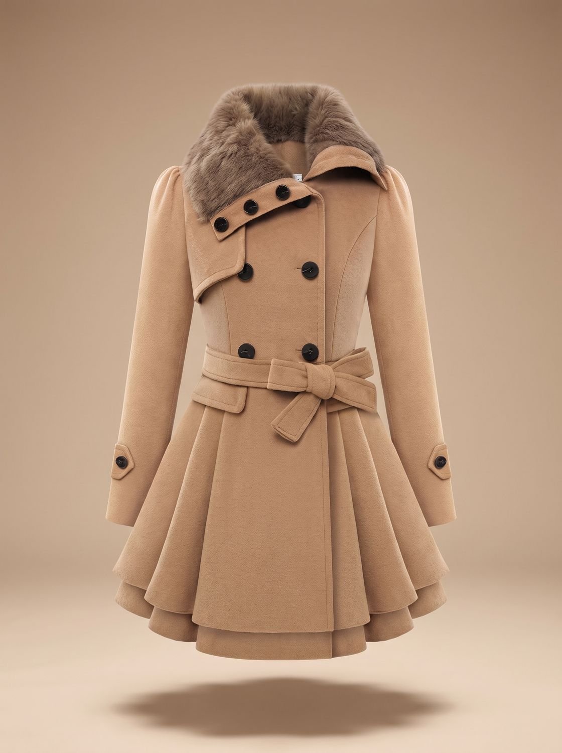 Damen Peacoat Vintage Kunstfell-Kragen Taillierter Wintermantel