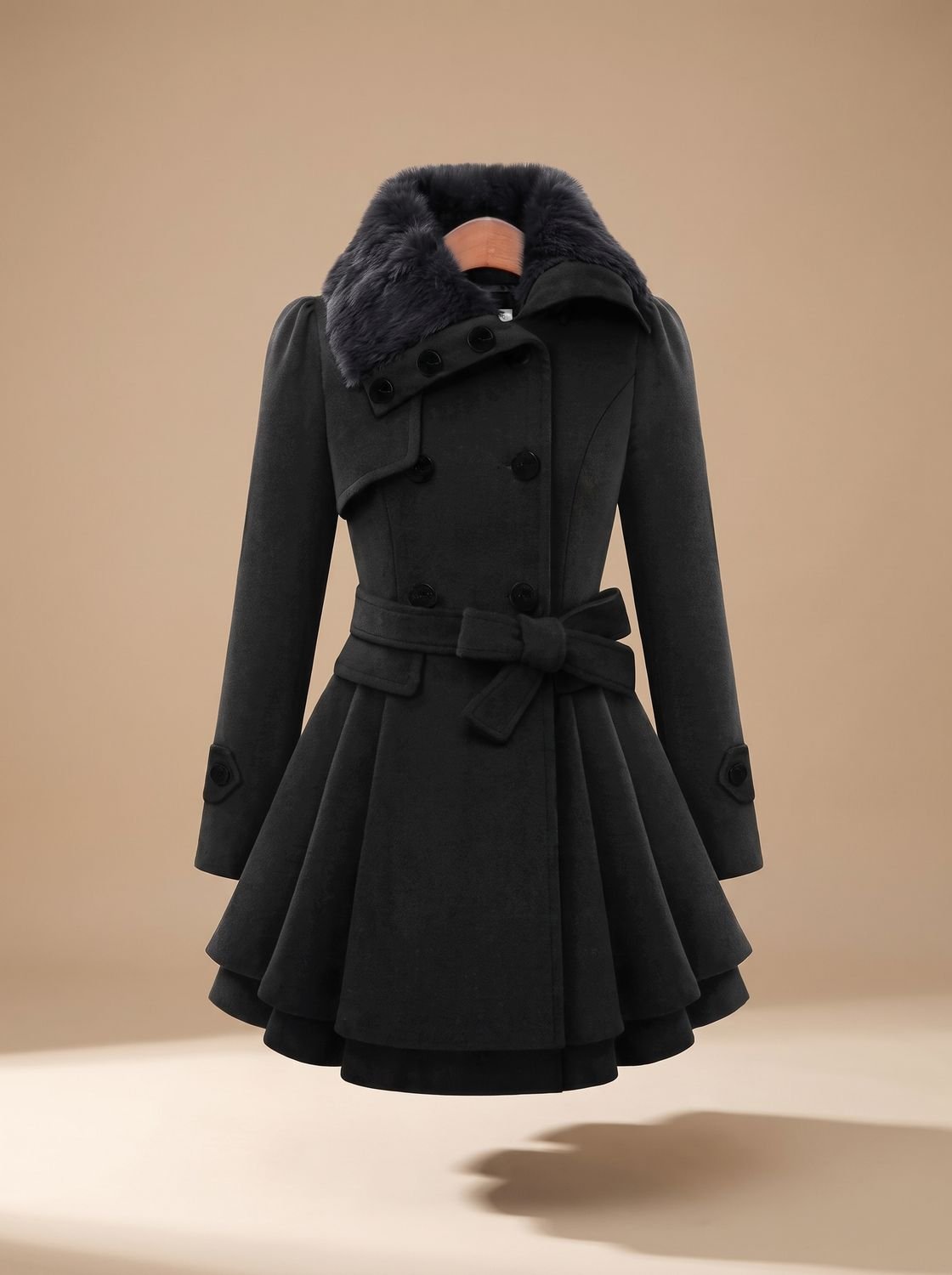 Damen Peacoat Vintage Kunstfell-Kragen Taillierter Wintermantel