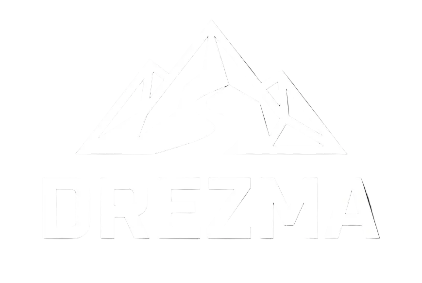 Drezma white logo on a black background