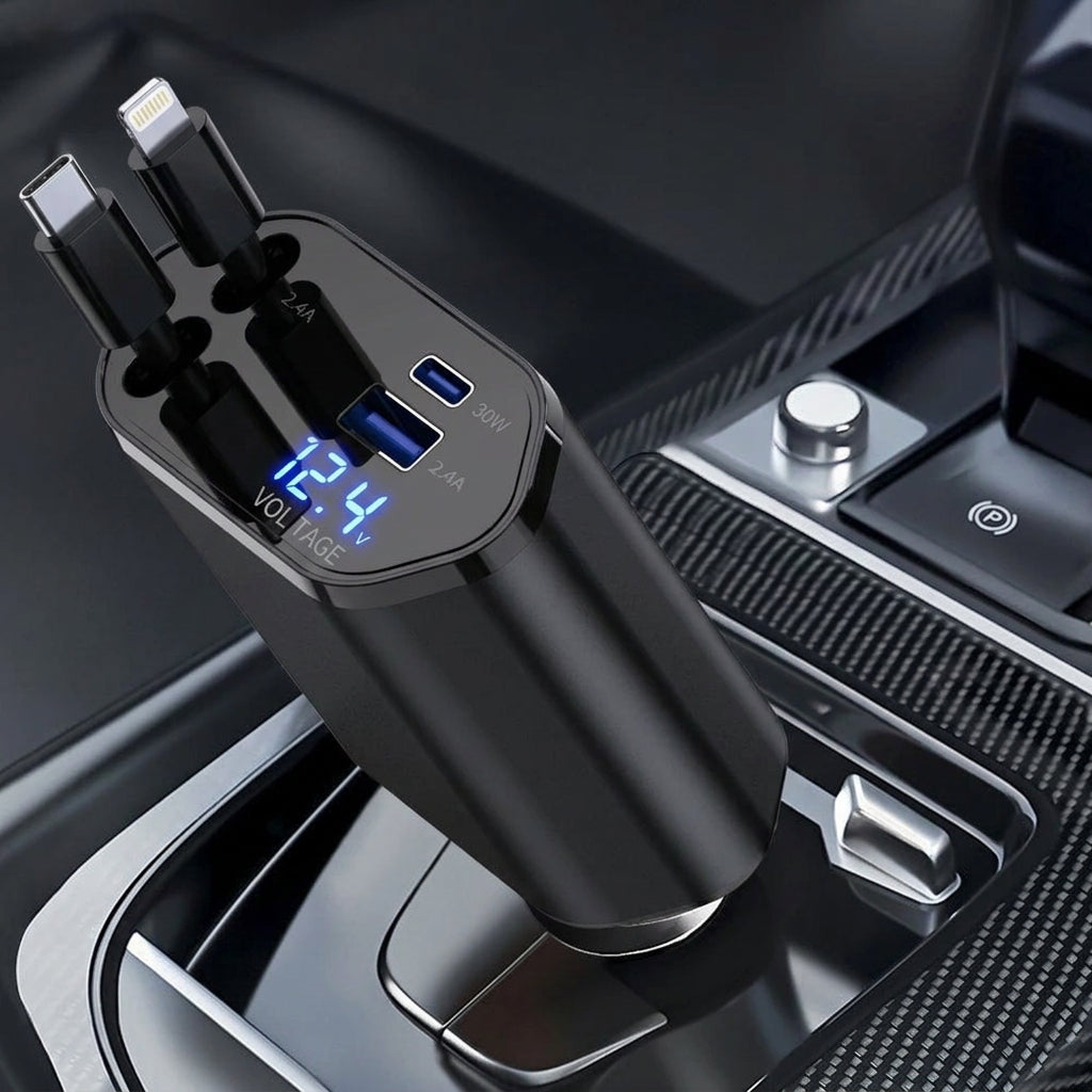 4-in-1 Einziehbares Auto-Ladegerät Schnell Auto-Handy-Ladegerät 120W mit USB Typ C Kabel