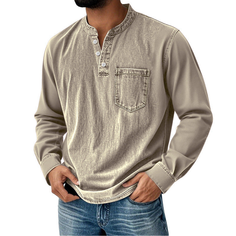 Herren-Jeanshemd mit langem Ärmel, V-Ausschnitt und Brusttasche