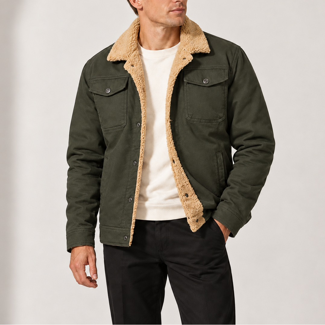 Herren-Truckerjacke mit Sherpa-Futter, Fleece-Kragen und Brusttaschen
