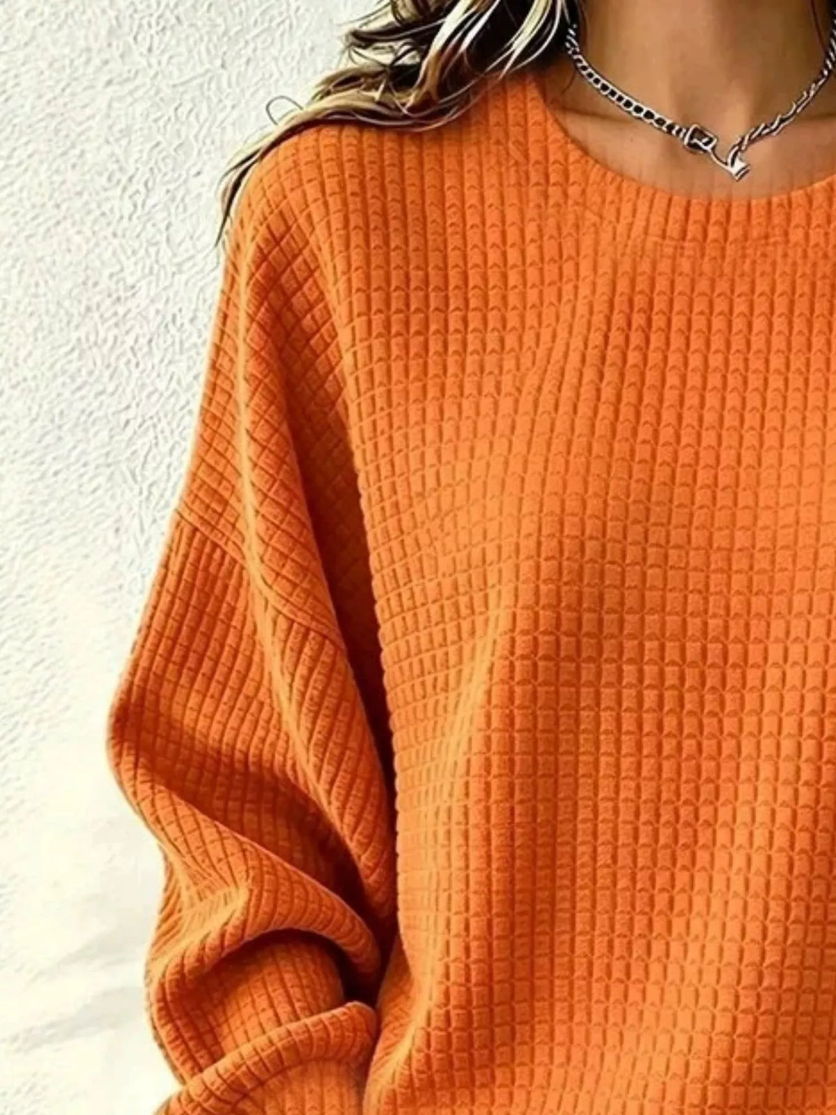 Waffelstrick Langarm Rundhals Sweatshirt in Übergrößen