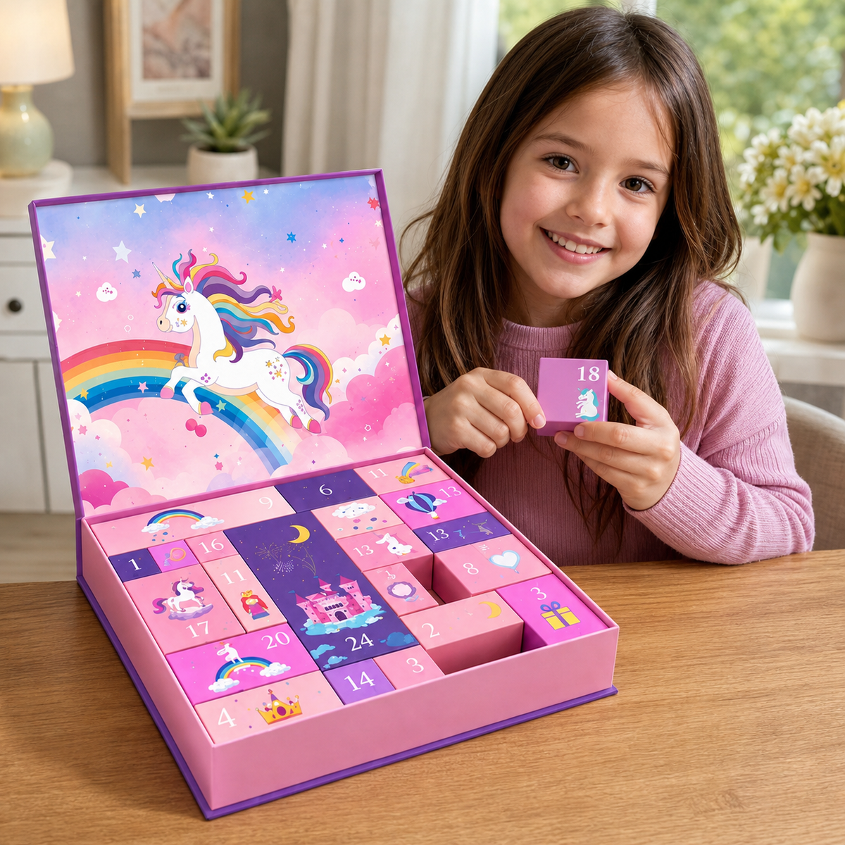24-Tage Einhorn-Adventskalender mit Haarschmuck, Aufklebern und Überraschungsgeschenken