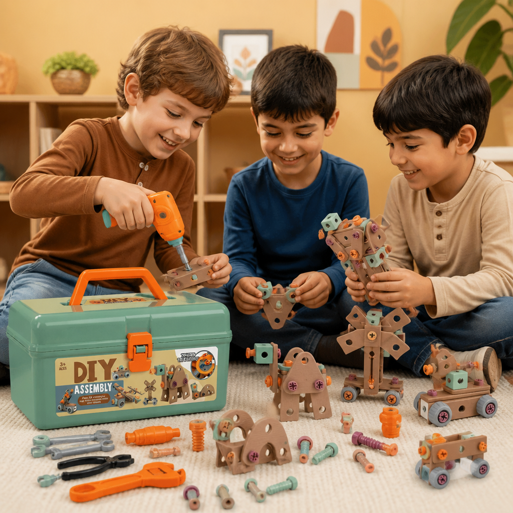 Werkzeugset für Kinder 144-teilig mit Bohrer und Werkzeugkoffer – STEM Montessori Konstruktionsset