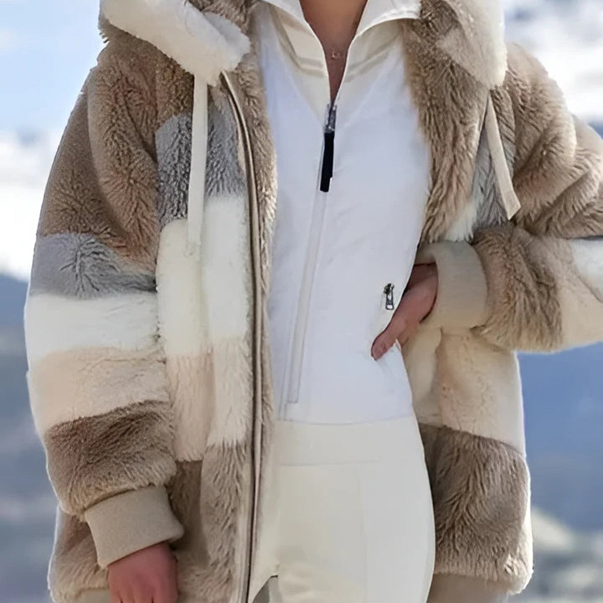 Damen Warme Gesteppte Winterjacke mit Plüsch-Fleecekragen und Taschen