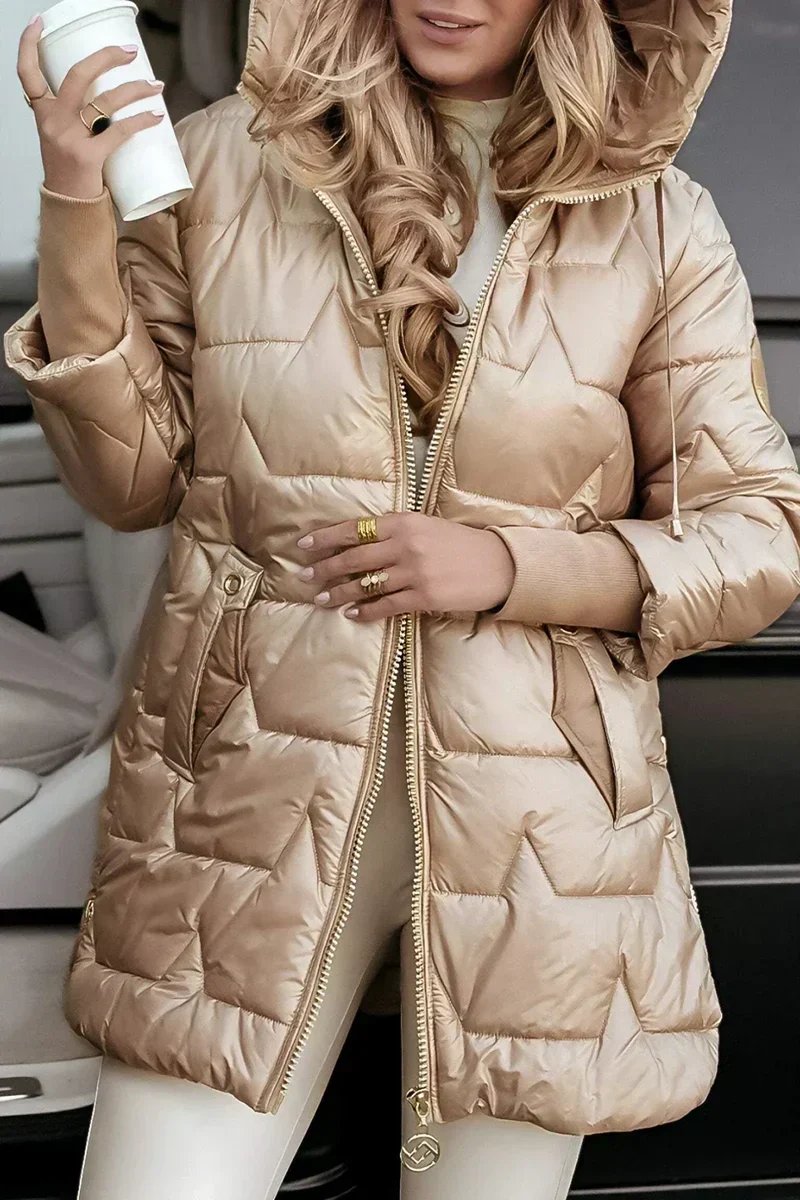 Gesteppte Langline Winter-Pufferjacke mit Kapuze