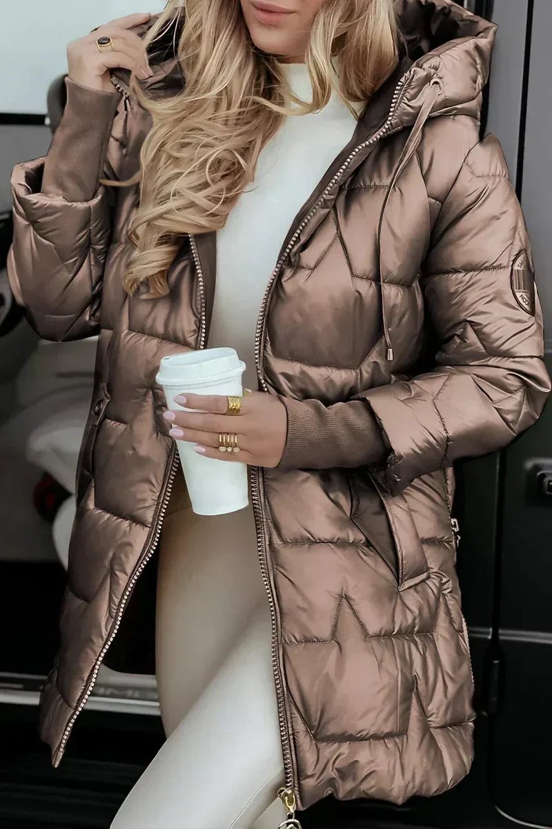 Gesteppte Langline Winter-Pufferjacke mit Kapuze