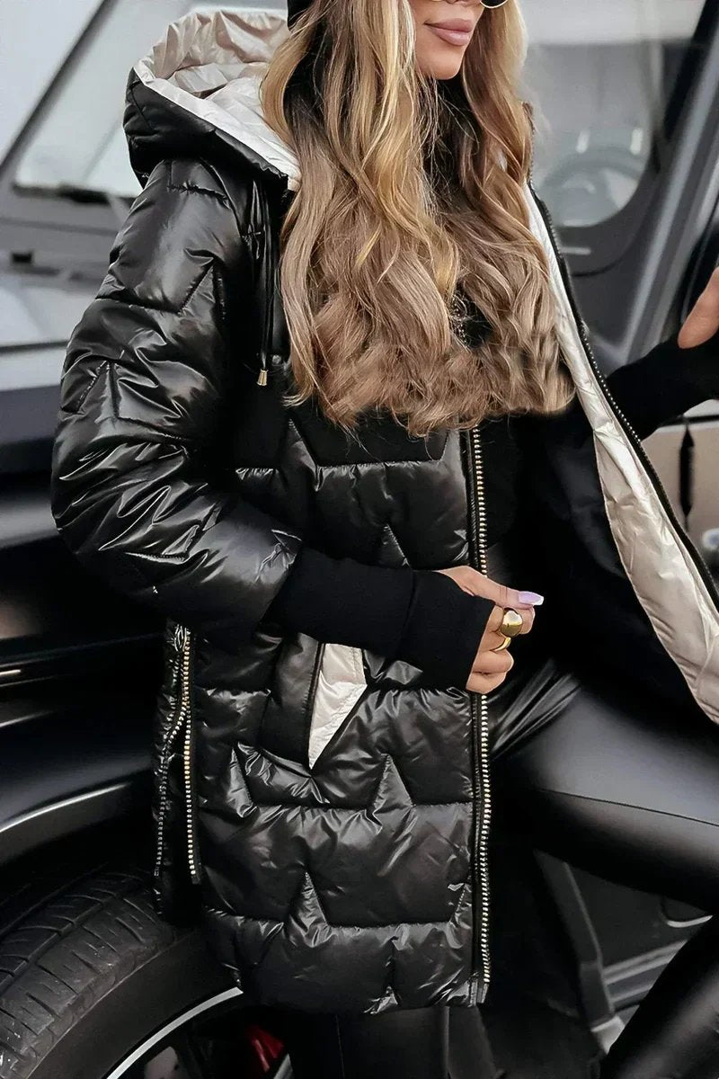 Gesteppte Langline Winter-Pufferjacke mit Kapuze