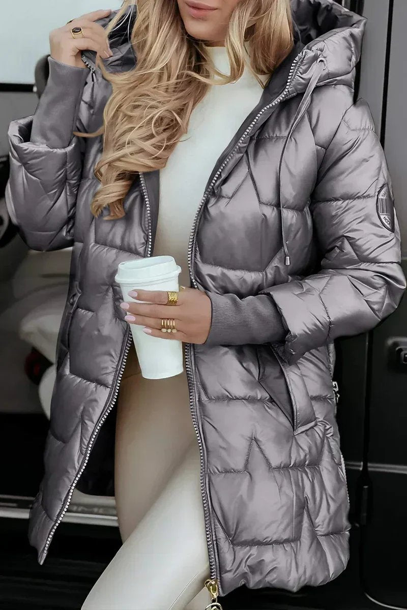 Gesteppte Langline Winter-Pufferjacke mit Kapuze