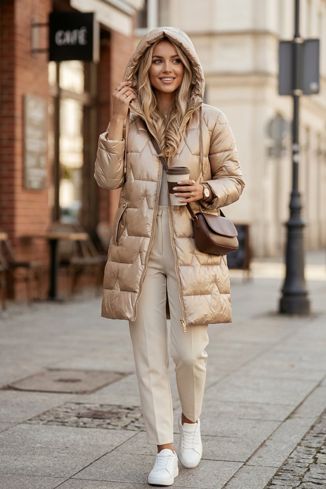 Gesteppte Langline Winter-Pufferjacke mit Kapuze
