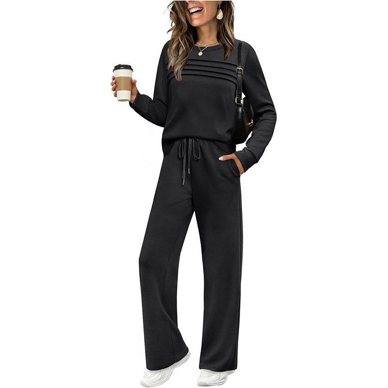 Bequemes und stilvolles Damen-Set – Rundhals-Shirt + Kordelzughose