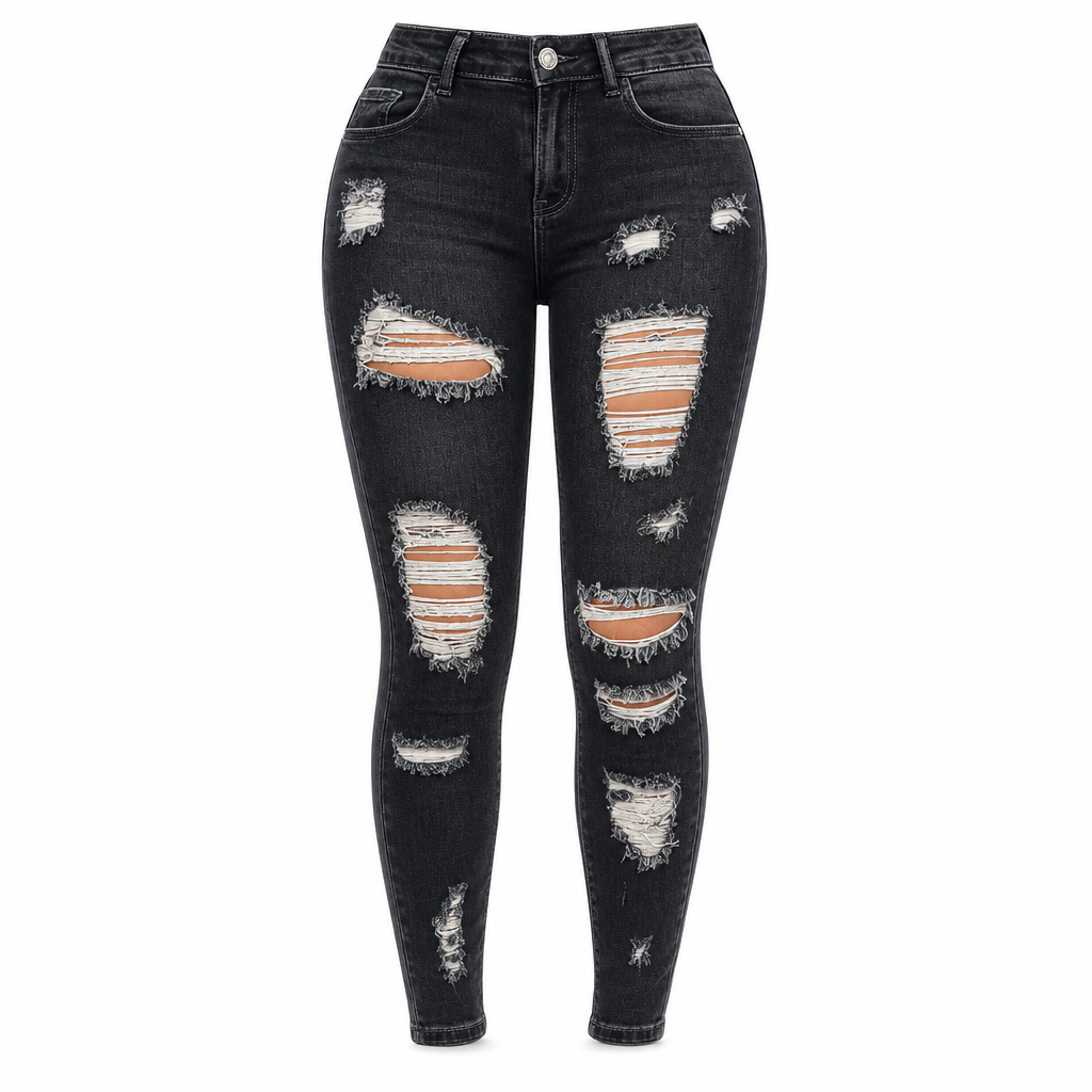 Damen High Waist Ripped Skinny Jeans, Destroyed Dehnbare Denim-Hose