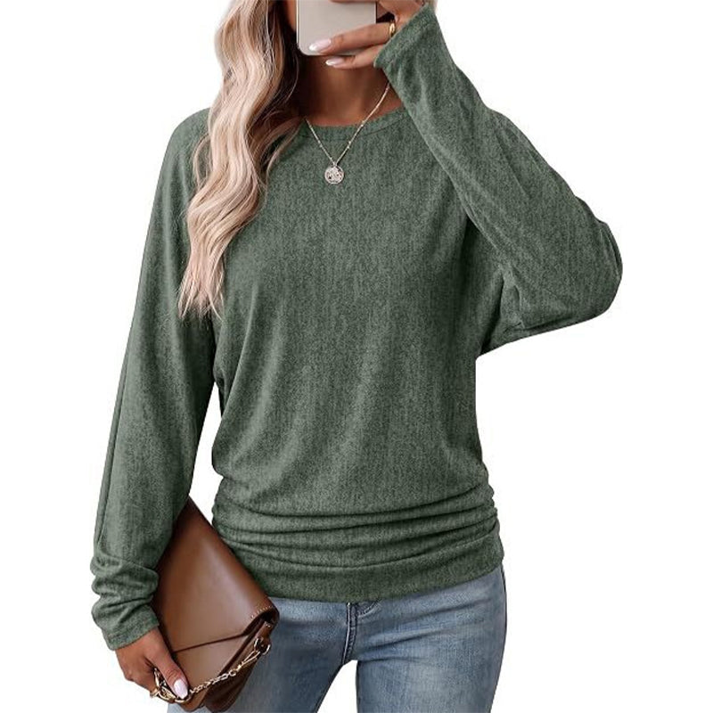 Lässiger lockerer Strickpullover mit Rundhalsausschnitt und langen Ärmeln für Damen, mit Dropped-Shoulder, Fledermausärmeln und gerafftem Design an den Seiten