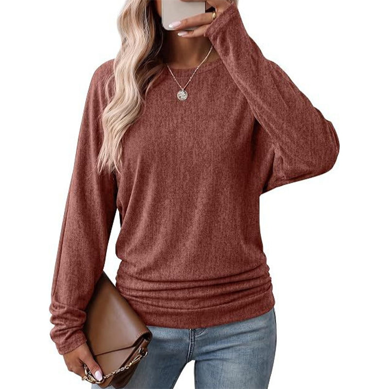 Lässiger lockerer Strickpullover mit Rundhalsausschnitt und langen Ärmeln für Damen, mit Dropped-Shoulder, Fledermausärmeln und gerafftem Design an den Seiten