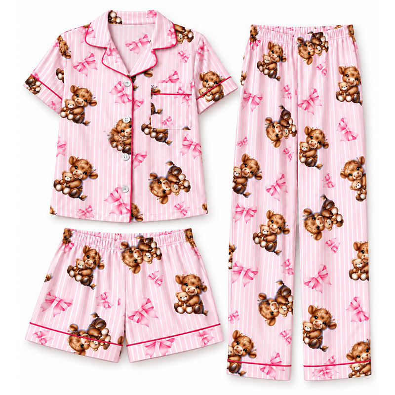 Damen Highland-Kuh-Print 3-teiliges Pyjama-Set