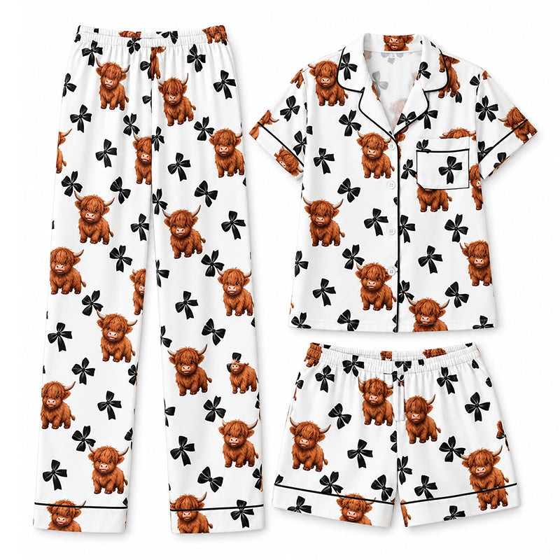 Damen Highland-Kuh-Print 3-teiliges Pyjama-Set