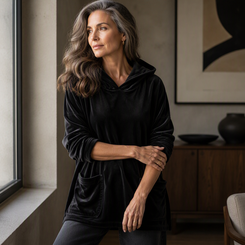 Damen-Velours-Pullover mit Kapuze