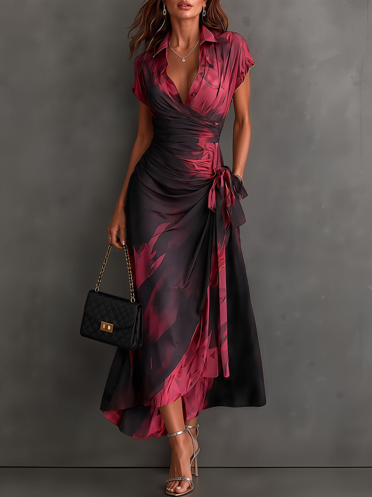 Braun Schwarz Abstraktes Print Wickel-Midikleid