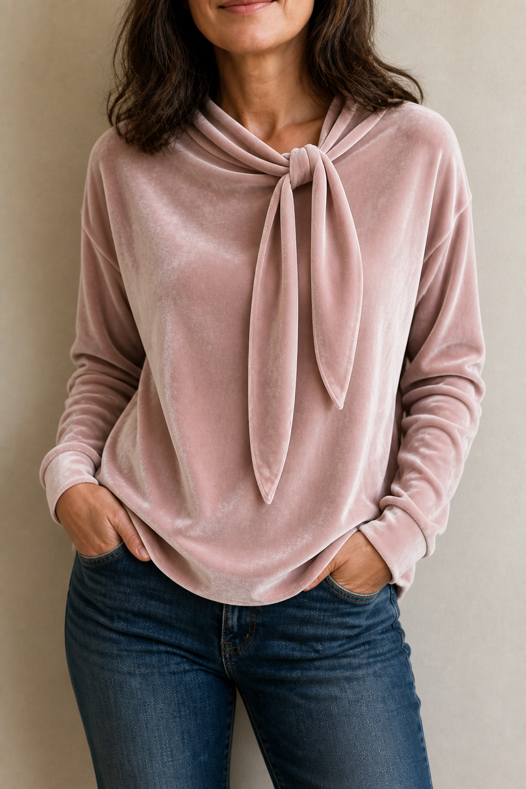 Samt-Bluse mit Schleifenkragen in entspannter Passform